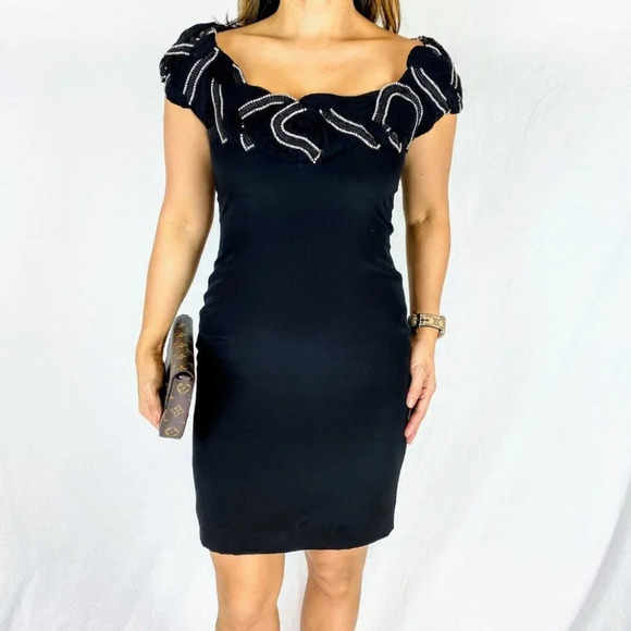 Marchesa Silk Jeweled Black Sheath Cocktail Dress - Picture 1 of 8